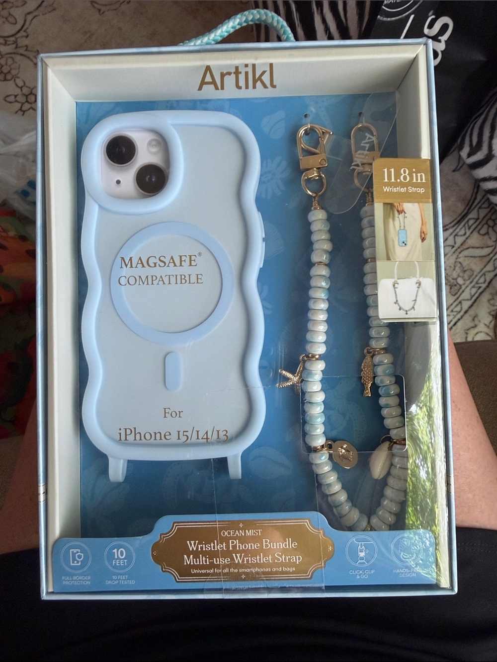Ocean Mist MagSafe-Compatible Light Blue iPhone Case with Beaded Wristlet